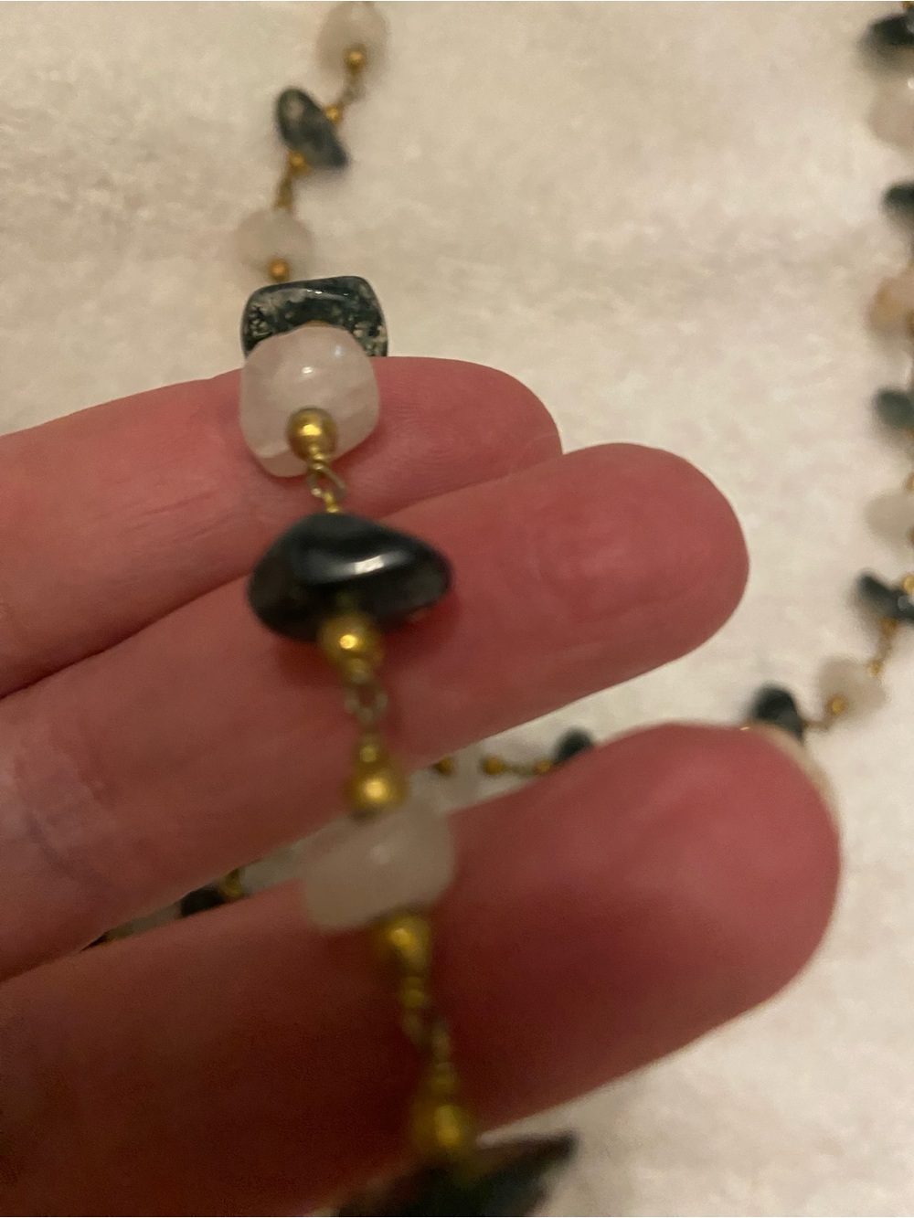 Gold Bead Necklace with Black and Cream Stone Chips